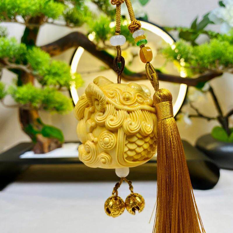 黄杨木醒狮头新款车挂潮手把件 新中式瑞兽把玩物件汽车挂件图片