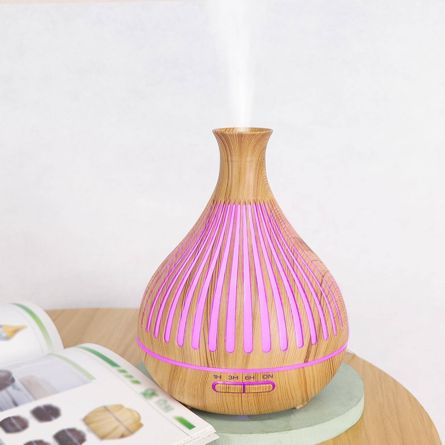 镂空条纹香薰机加湿器 400ml超声波七彩香氛机扩香木纹加湿器