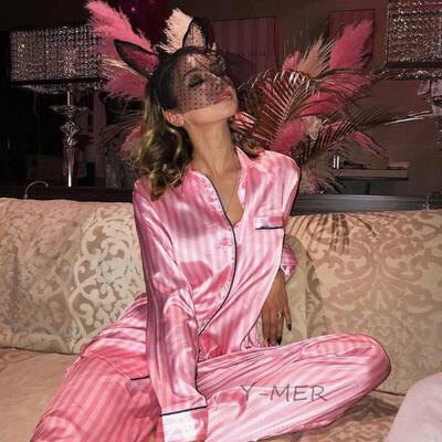 Women Striped Pajamas 2 Pieces Set Shirt&pants Women Nightwe