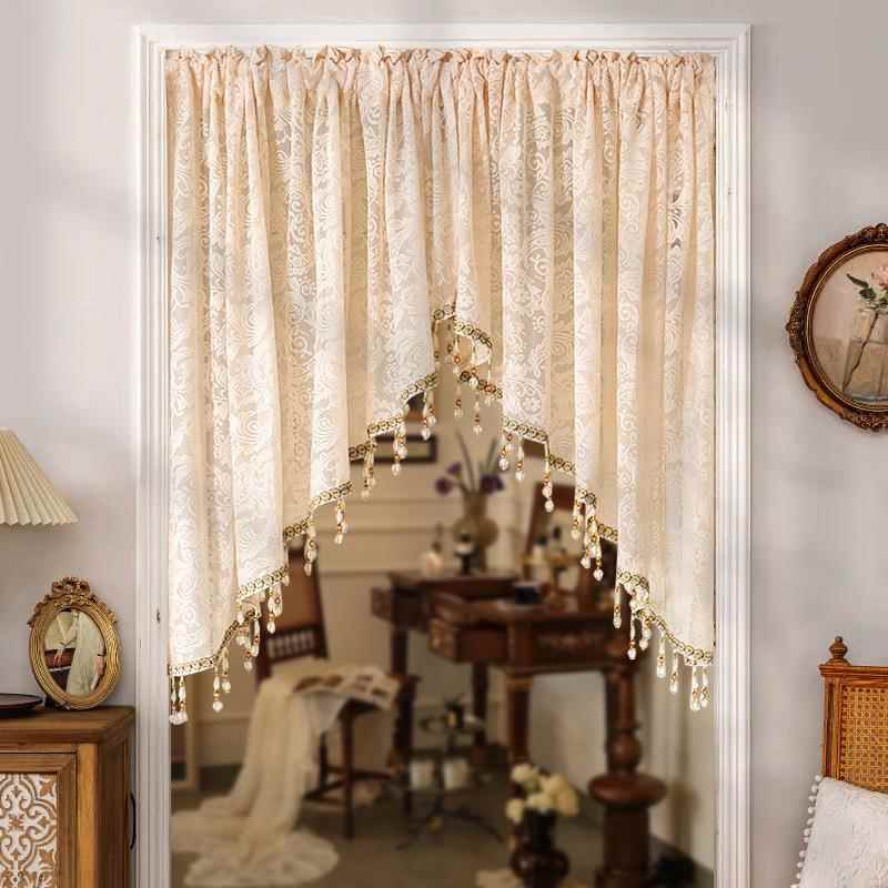 法式蕾丝门帘隔断走廊三角帘厨房短帘半帘免打孔装饰帘氛围拱形帘