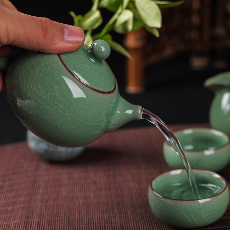 淘青瓷整套茶具陶瓷汝窑功夫茶具盖碗套装哥窑开片茶壶包邮