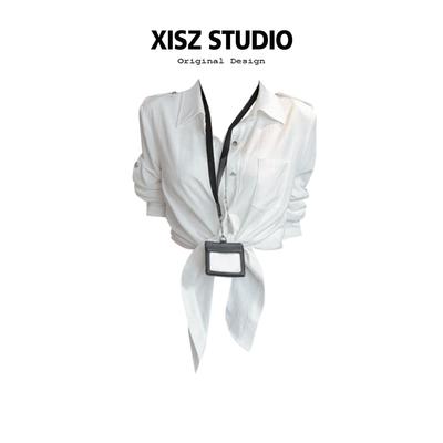 设计感气质肩袢翻领绑带白色衬衫女早秋独特超好看显瘦长袖上衣潮