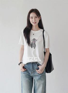 EZCL 夏季甜美可爱风手绘小狗印花休闲风宽松短袖T恤圆领灰色上衣