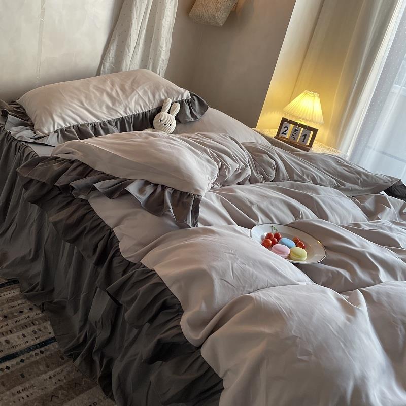 高档韩小清新冰晶蓝荷叶被边套四式件套水洗棉纯色件床单床裙宿舍