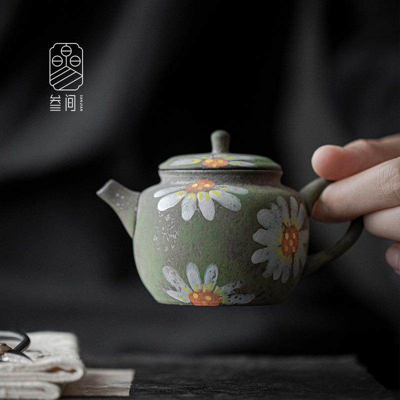 叁间老岩泥手绘向日葵泡茶壶家用单个带过滤泡茶器复古陶瓷小品壶