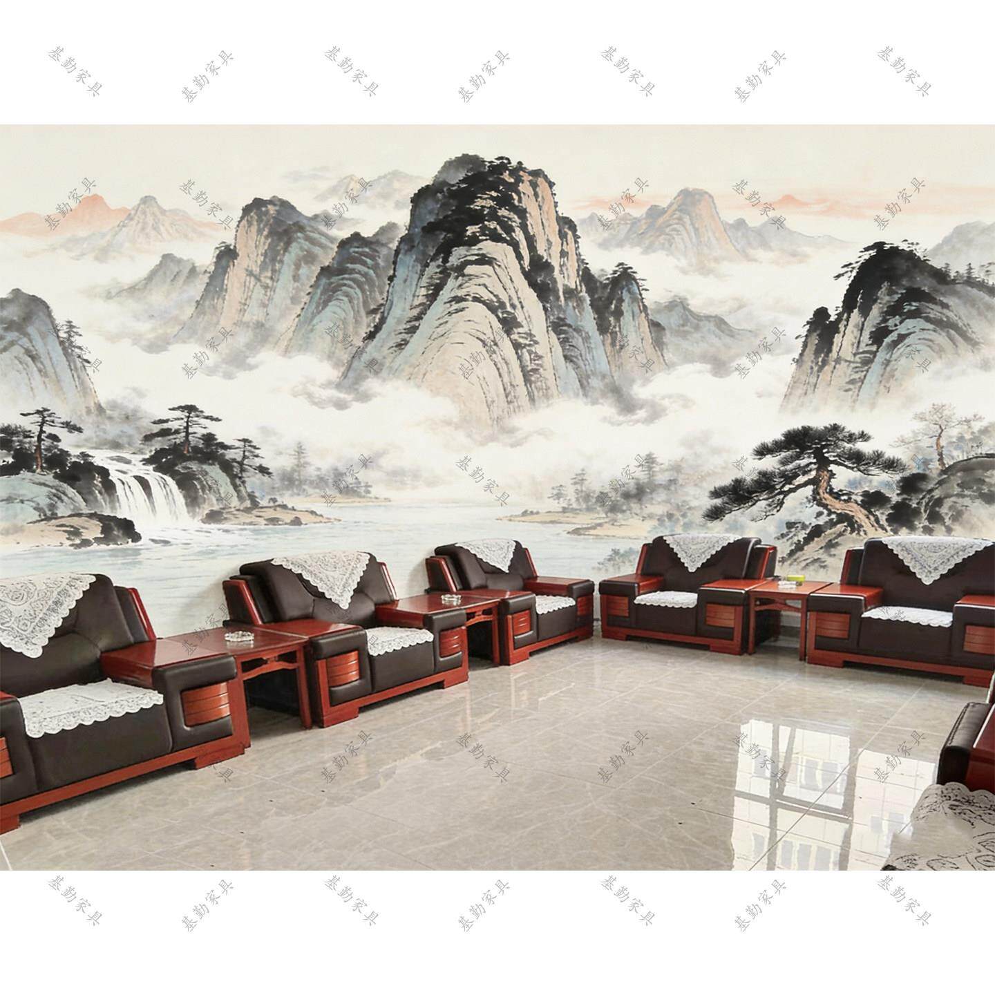 实木真皮沙发组合客厅办公会客多人商务洽谈接待贵宾会议沙发茶几