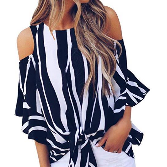 striped round off-shoulder three-quarter vertical neck top