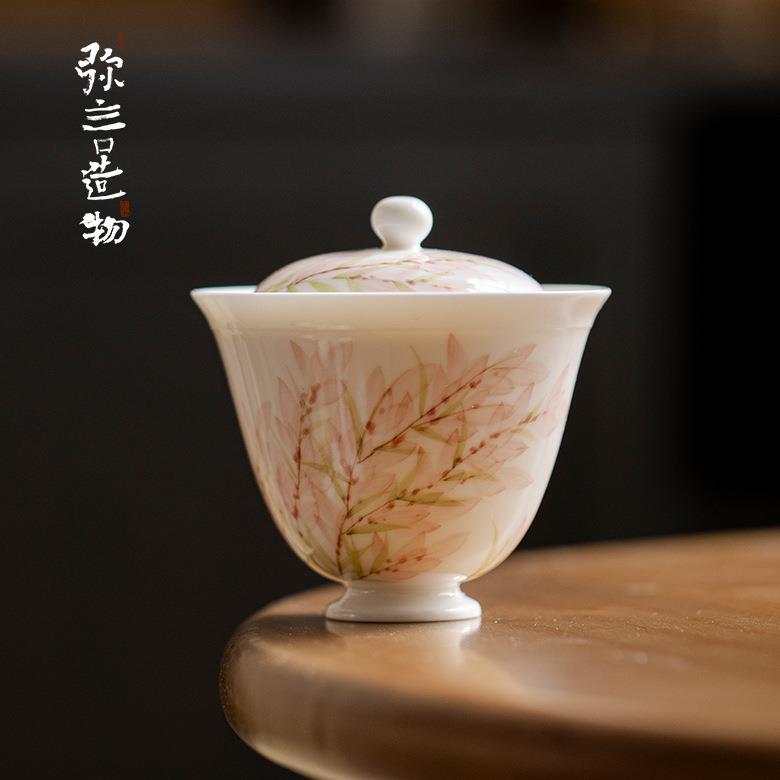 弥言白瓷手绘紫藤花盖碗手工陶瓷薄胎泡茶碗茶艺茶碗女士专用功夫