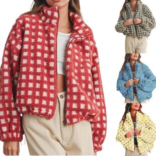Womens Warm Plaid Sherpa Fleece Jacket Soft Teddy Zip Up
