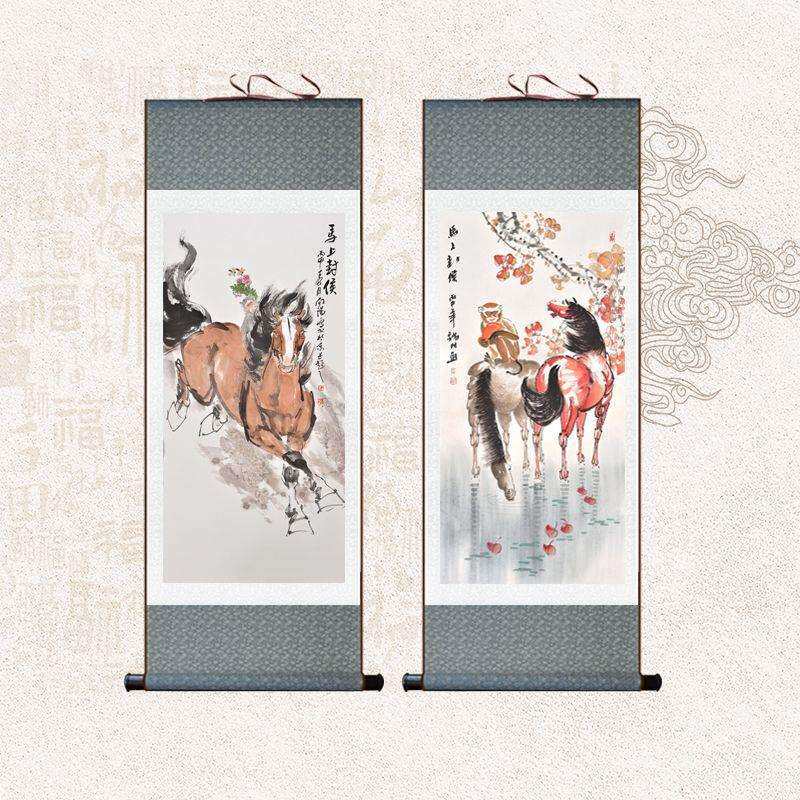 马上封侯图猴子骏马风水画丝绸挂画中式玄关卷轴画书房客厅装饰画
