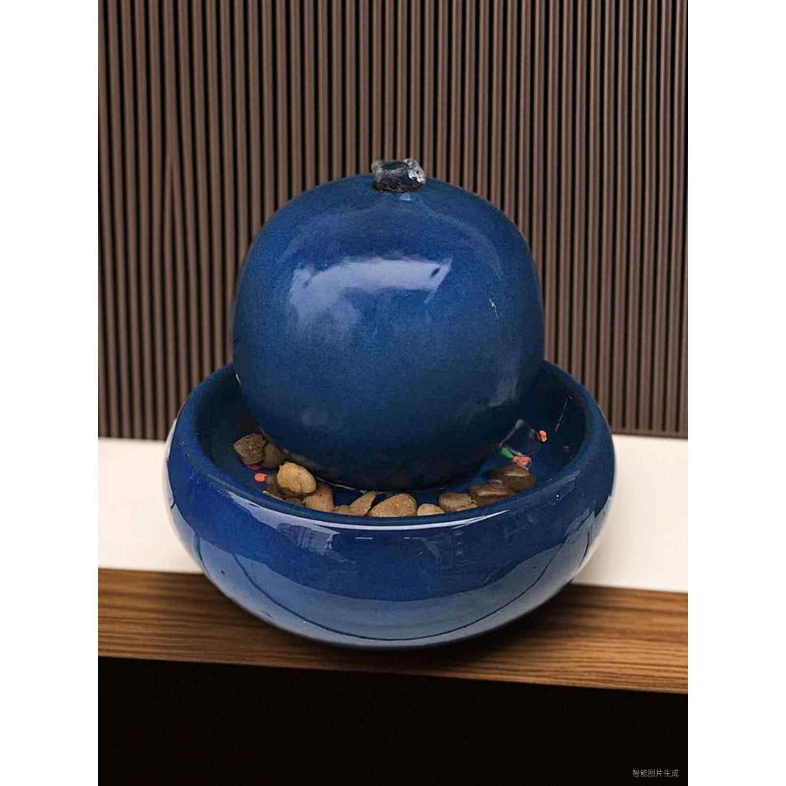 欧式陶瓷喷泉流水加湿器蓝色摆件家居客厅桌面创意水景工艺品摆设