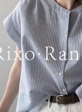 法国Rixo Rane 巨气质蓝色条纹短袖衬衫女减龄衬衣通勤穿搭上衣