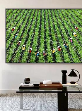 大芬村抽象绿色麦田纯手绘油画玄关卧室肌理挂画横版客餐厅装饰画