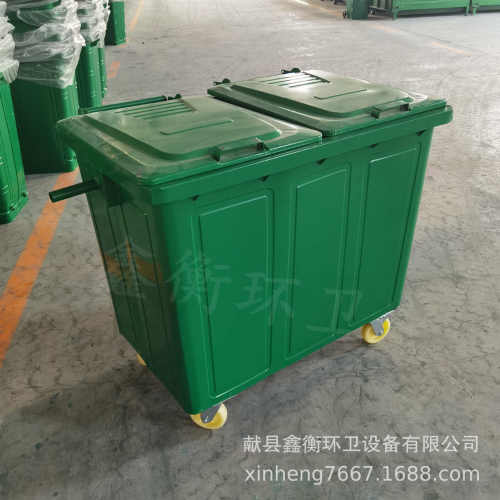 厂家供应 660升铁质垃圾桶 户外环卫 手推式挂车桶660l铁皮垃圾桶