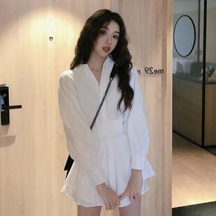 法式衬衫连衣裙套装女春秋中长款设计感系带衬衣小个子洋气两件套