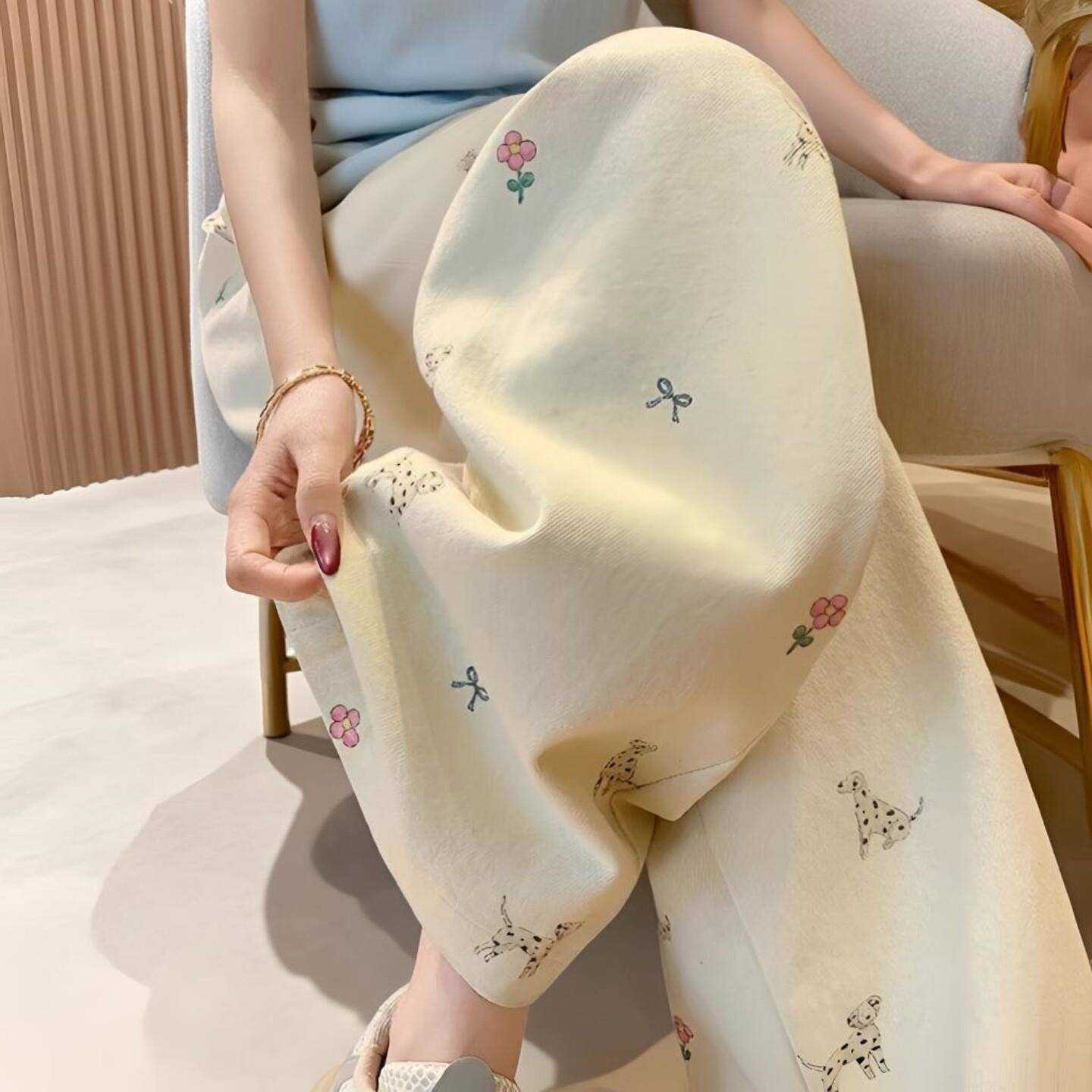 小狗印花高腰阔腿裤女春夏薄款蕾丝拼接宽松垂感显瘦直筒休闲裤子