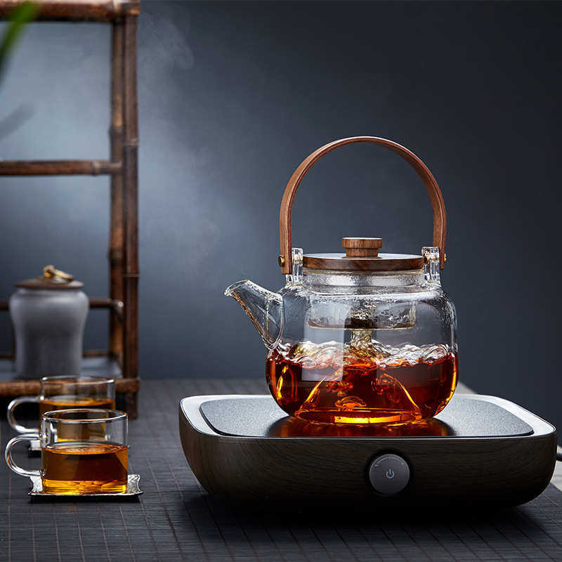手工耐热玻璃双内胆胡桃木提梁泡茶壶日式蒸煮壶烧水电陶炉用
