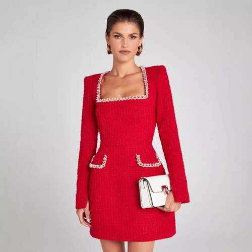 Thin collar long sleeved nail bead style dress for