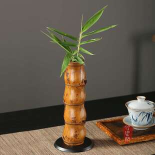 中式大漆佛肚竹花器插花竹编器皿水培竹筒花瓶花盆竹子摆件