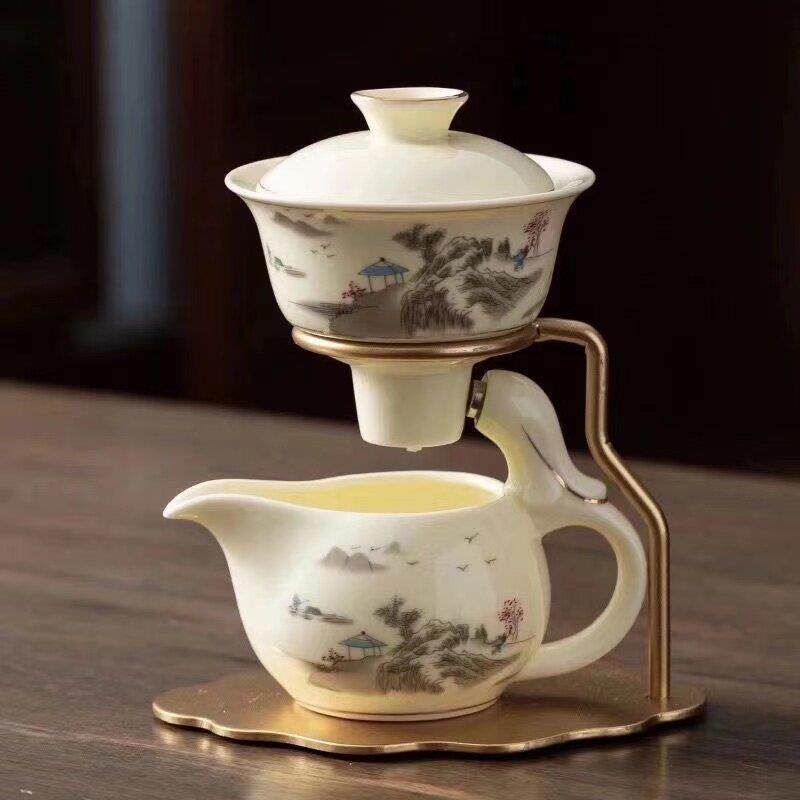 陶瓷全自动懒人茶具防烫磁吸出水功夫茶具羊脂玉盖碗整套