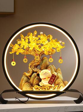 轻奢玄关发财树摆件家居客厅卧室带灯招财猫装饰店铺乔迁开业礼物