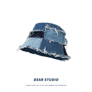 日系小众牛仔拼接乞丐风毛边渔夫帽子女街头时尚潮牌百搭水桶帽男