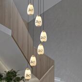 新中式 楼中楼梯间旋转长吊灯 全铜楼梯吊灯现代轻奢仿云石别墅复式