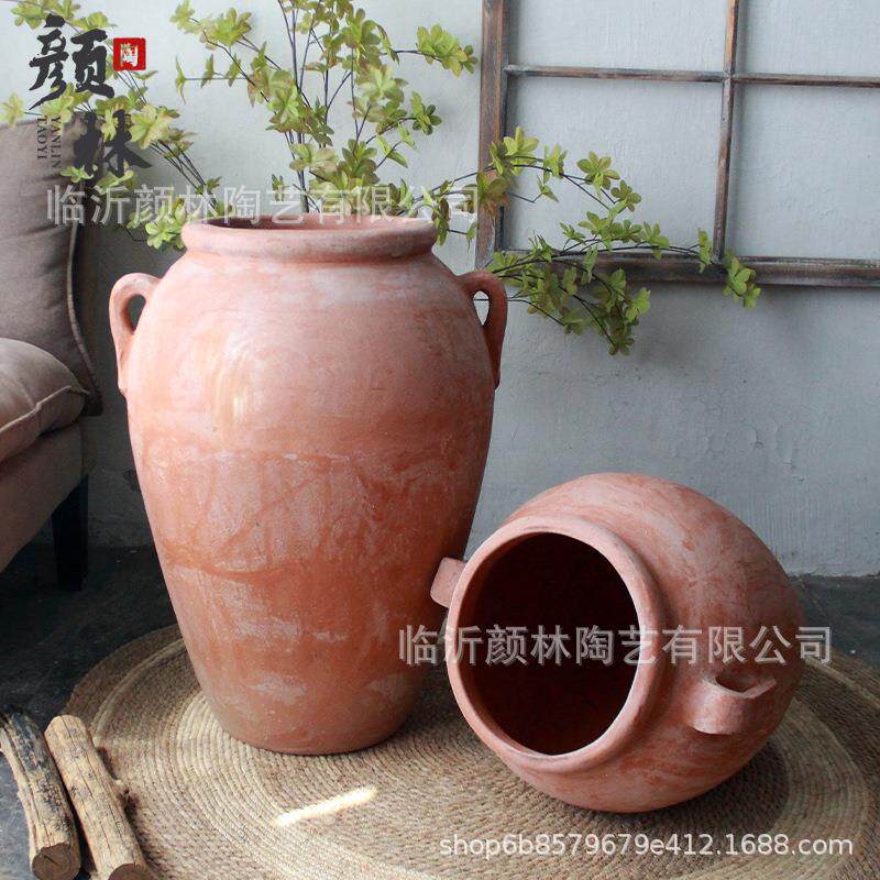 美版大陶罐落地大陶器景观花盆粗陶大高盆红陶大罐庭院大号陶罐子