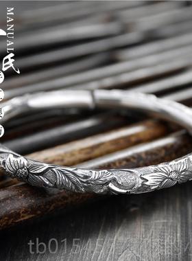 正品族风9银纯手工云南雪民花银圆柱满雕莲花银镯个9性女款纯银手