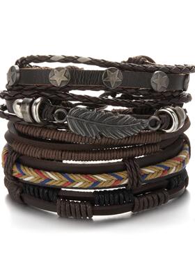 Cross-border leather handwoven men's punk bracelet男士手