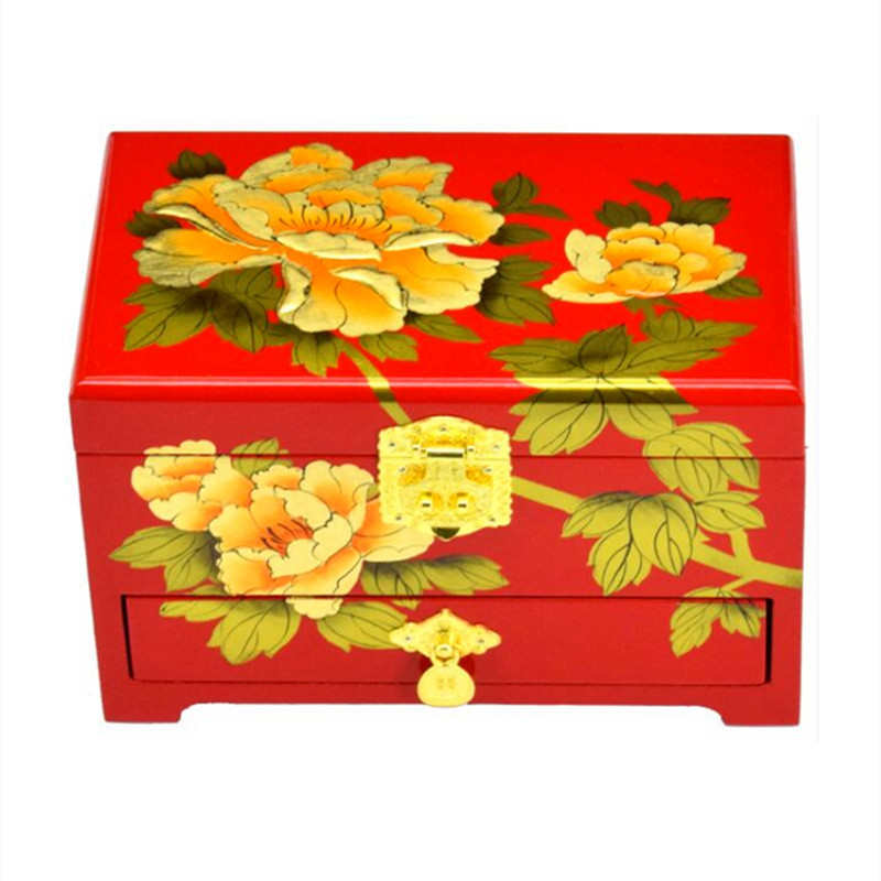 推光漆器首饰盒木质双层带锁镜面漂漆手工彩绘婚庆饰品收纳礼品盒