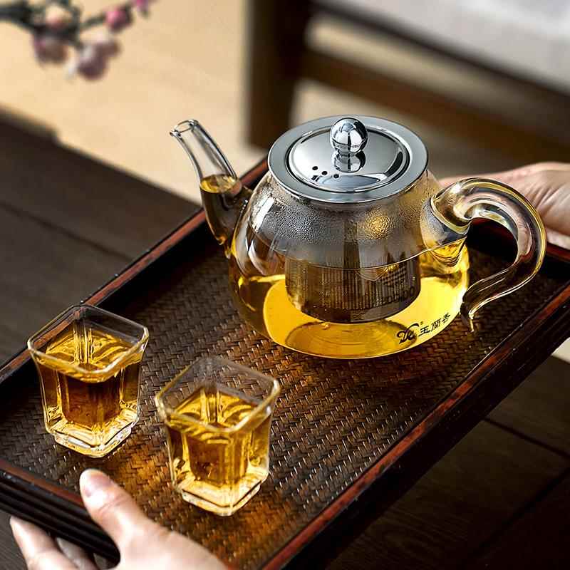 泡功茶壶璃耐高温不锈钢玻内胆过滤家ts-玻璃用夫冲茶器单壶茶花
