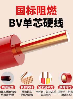 广东电缆厂国标电线BV1.5/2.5/4/6平方纯铜芯家装单股硬线AAA牌