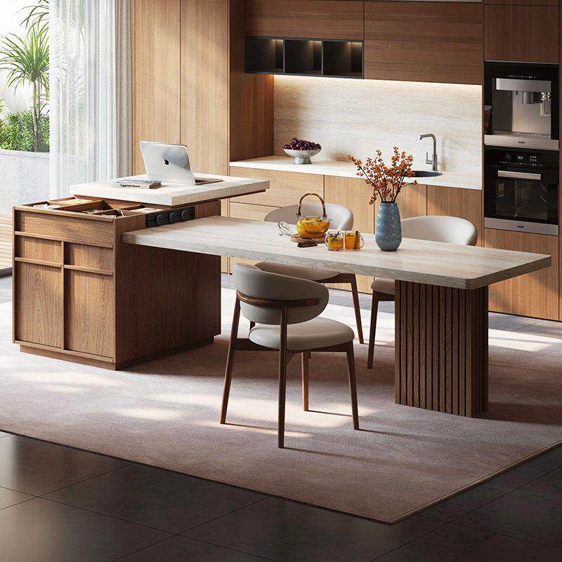 2026新款岛台餐桌一体中古风厨房餐桌伸缩桌子多功能吧台推拉储物