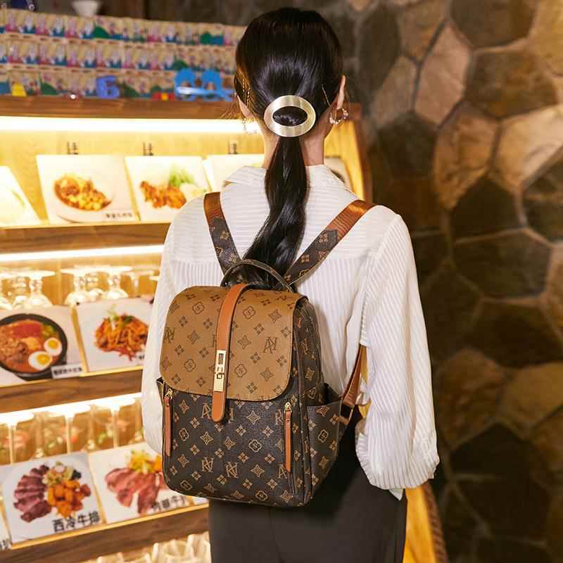 双肩包女20MK107652新款复古休时闲老大容量书包背包印花花尚潮流
