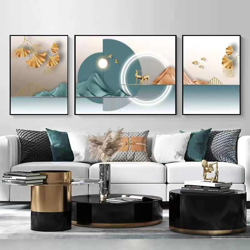 网红客厅福鹿装饰画现代简约沙发背景墙挂画三联画北欧轻奢壁画图片