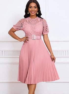 Women's short sleeved lace patchwork pleated dress