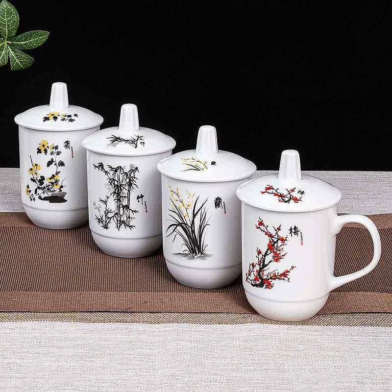 梅兰竹菊陶瓷茶杯带盖子家用水杯办公室会议杯棋牌室单位礼品杯定