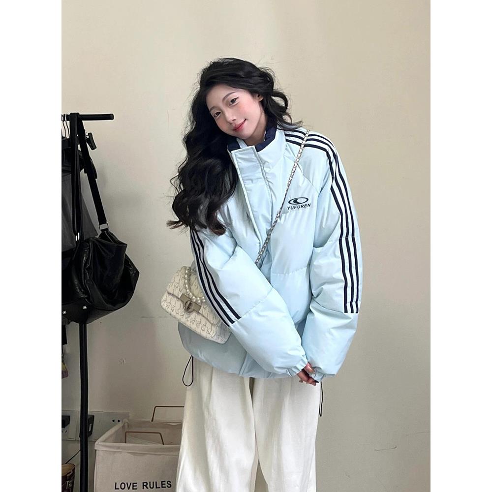 冬季棉袄外套女2025新款美式条纹羽绒棉服立领加厚棉衣学生面包服