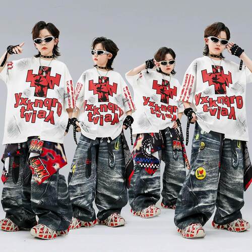 儿童街舞演出服嘻哈男童T恤套装幼儿hiphop女童爵士表演服装时髦