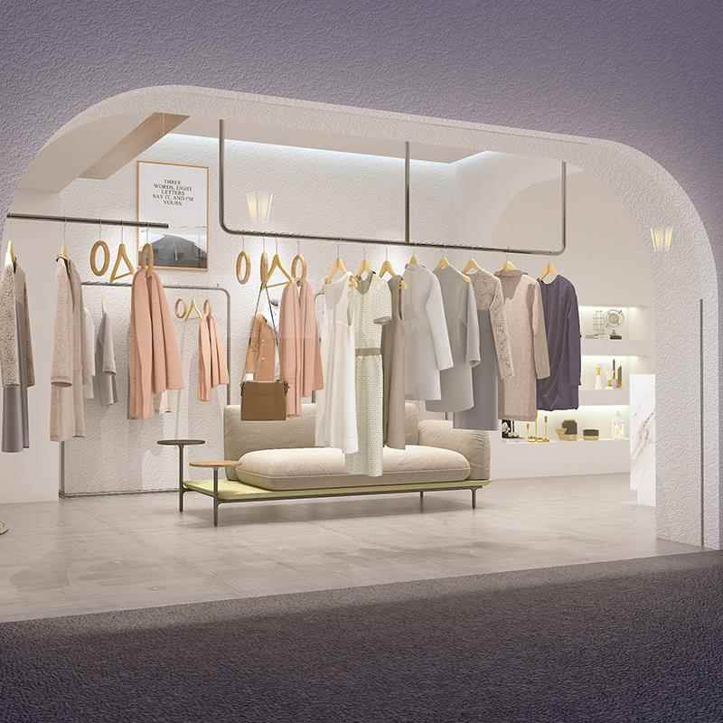 服装店衣架展示架上墙吊架不锈钢拉丝银色女装挂杆墙上壁挂货架