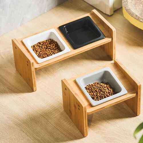 跨境创意陶瓷猫碗四方形宠物碗高脚防打翻猫咪粮碗狗食盆斜口护颈
