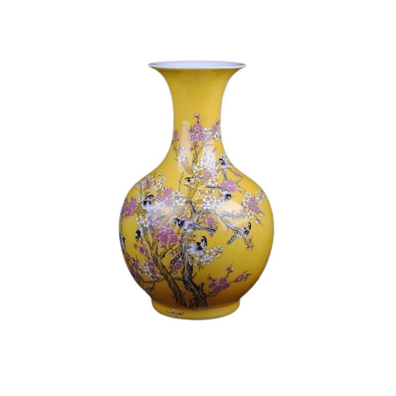 景德镇陶瓷花瓶黄釉粉彩喜上眉梢花瓶装饰工艺品摆件高温绿色陶瓷