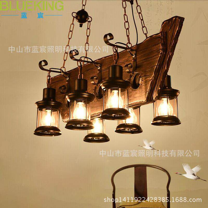美式田园乡村老船木艺吊灯 美式乡村实木灯具 酒吧餐厅木艺吊灯
