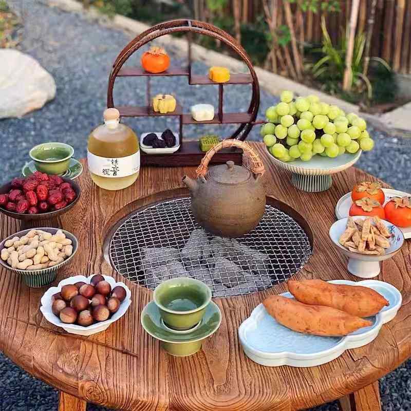 老榆木冬天围炉煮茶桌家用室内炭火炉套装庭院阳台烧烤实木桌子