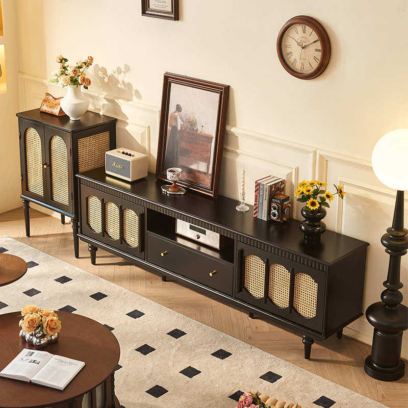 法式实木藤编电视柜中古风客厅美式设计师收纳储物一体视听柜边柜,住宅家具,电视柜,淘宝优惠券,粉丝福利购,淘宝优惠卷