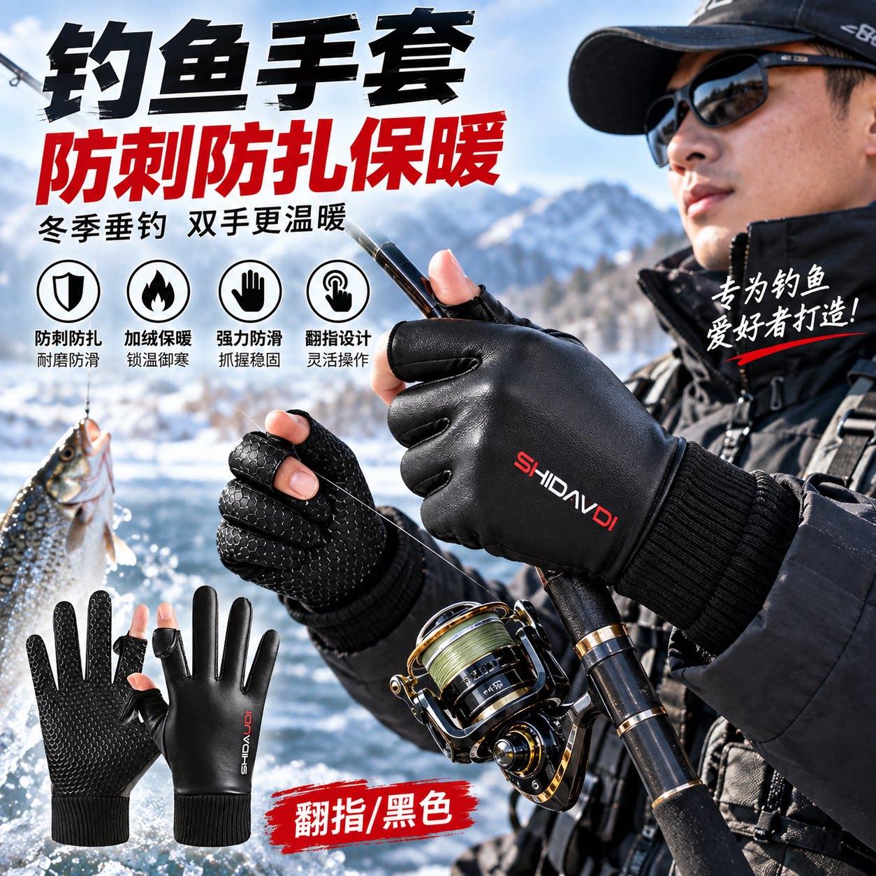冬季钓鱼专用手套防刺防水不沾饵专业路亚防扎飞磕露二指防滑防割