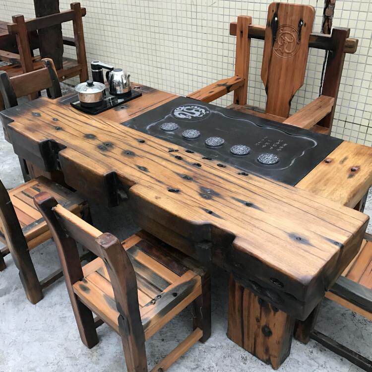 老船木茶桌椅组合枕木龙骨茶台覆古轻奢机舱木实木家俱功夫喝茶几