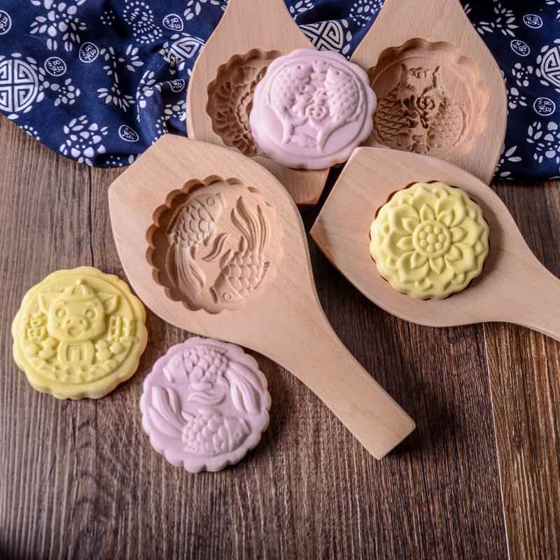 花型月饼实木质模具立体加深雕刻烧饼干青团绿豆糕点心冰皮巧果饼