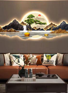 现代轻奢客厅装饰画带灯沙发背景墙挂画壁画中式高级感茶室山水画
